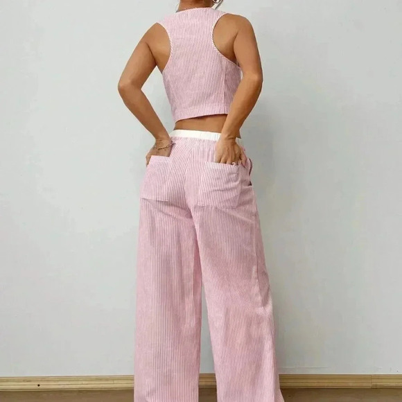 Multicolor Casual Women's Striped Sleeveless V-Neck Top And Pocket Pants Set - Picture 3 of 6